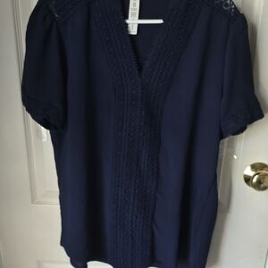Elegant Navy Blouse with Lace Accents